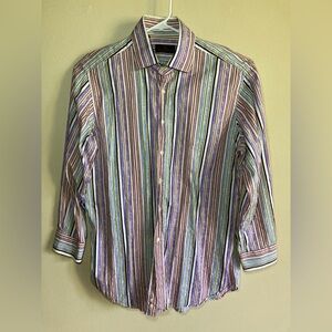 ETRO Milano Italy Striped Paisley Button Down Long Sleeve Shirt Sz 44 US XL
